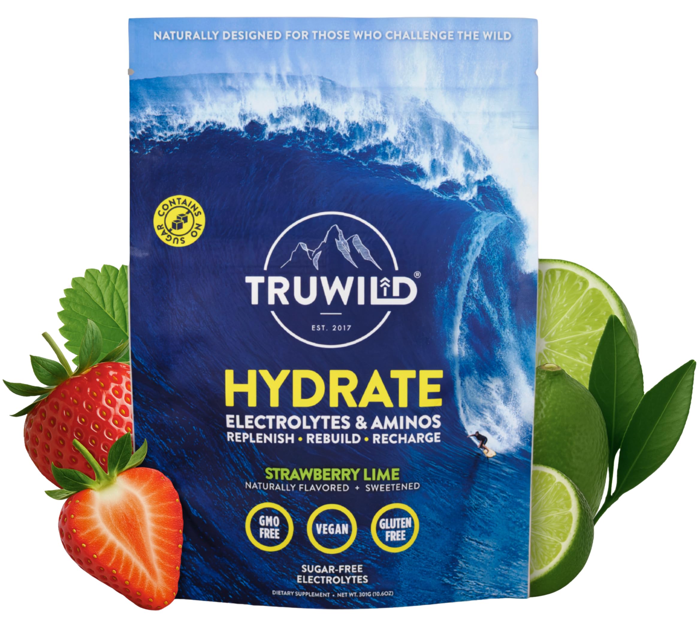 TruWild Hydrate powder tub front view highlighting electrolyte blend for post-workout recovery.