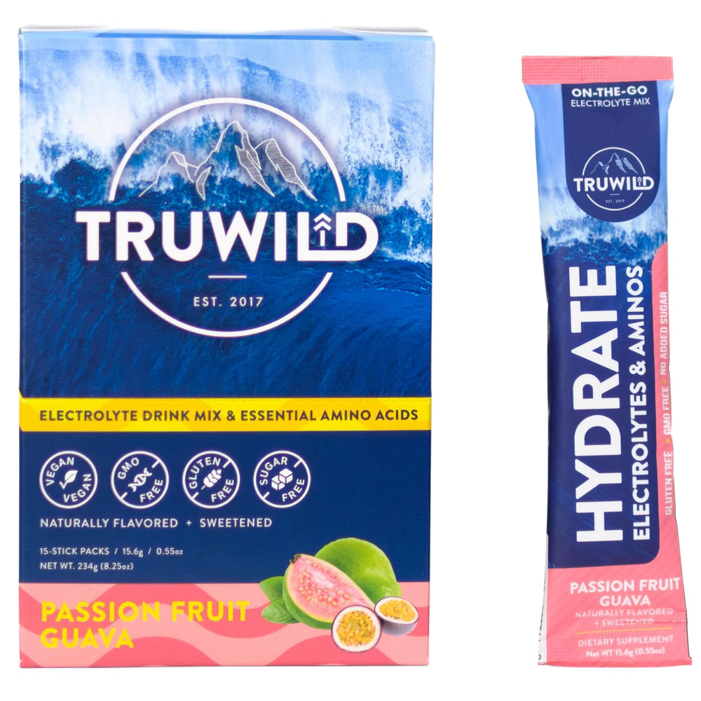 TruWild Hydrate single-serve passionfruit guava packet for on-the-go hydration