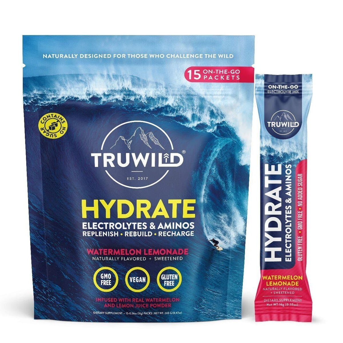 TruWild Hydrate powder tub front showing hydration focus and flavor-ready formula
