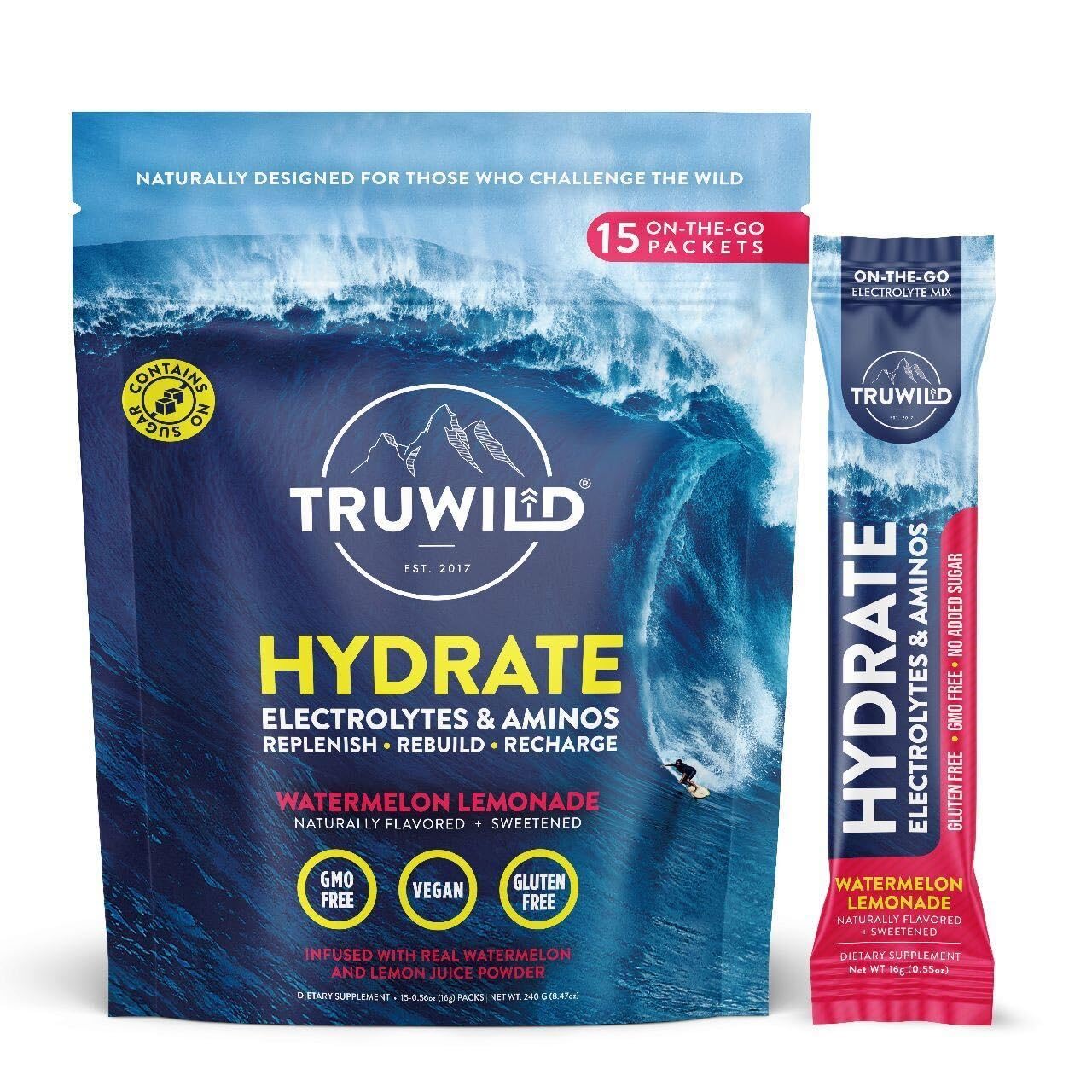 TruWild Hydrate powder tub front showing hydration focus and flavor-ready formula