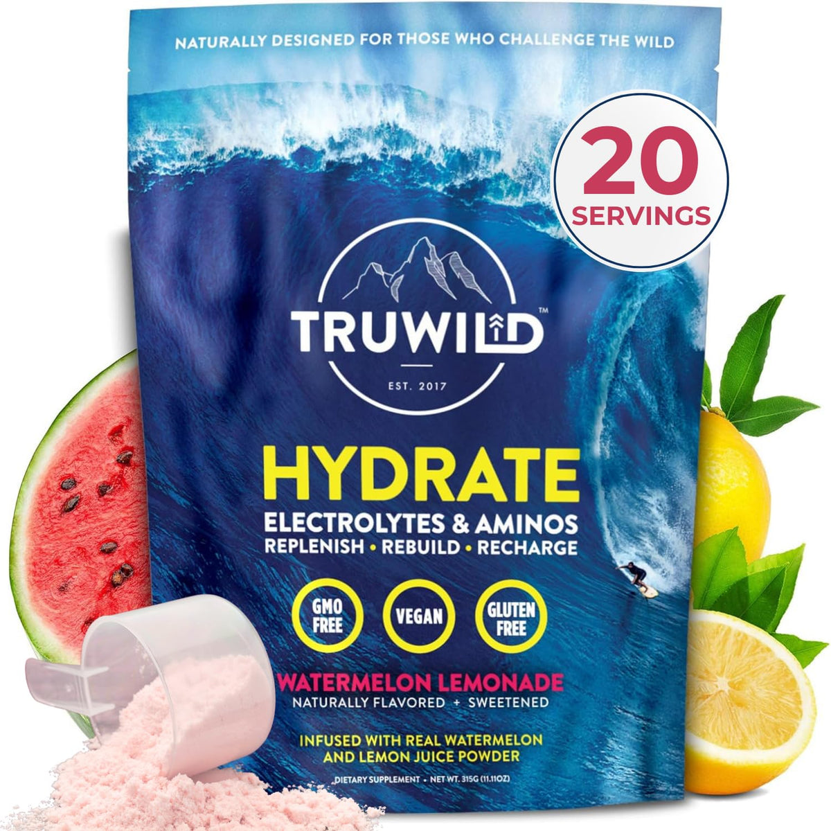 TruWild Hydrate watermelon-lemonade powder tub for daily hydration