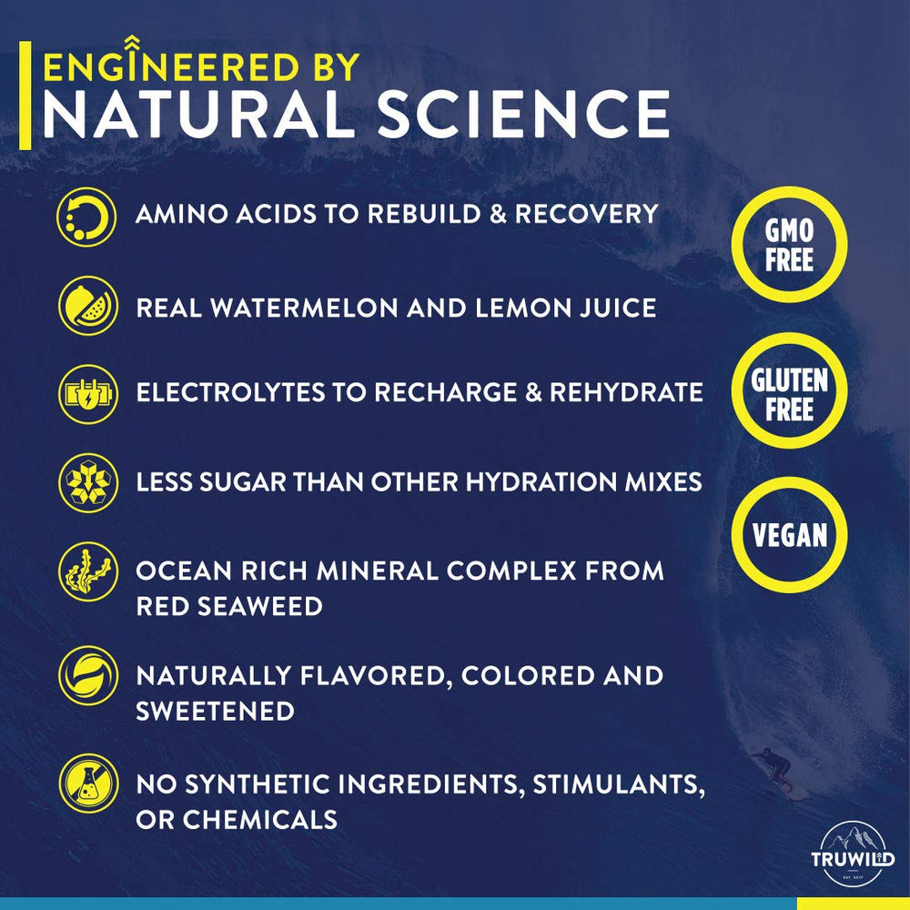TruWild Hydration ingredients highlight electrolytes and natural formulation.