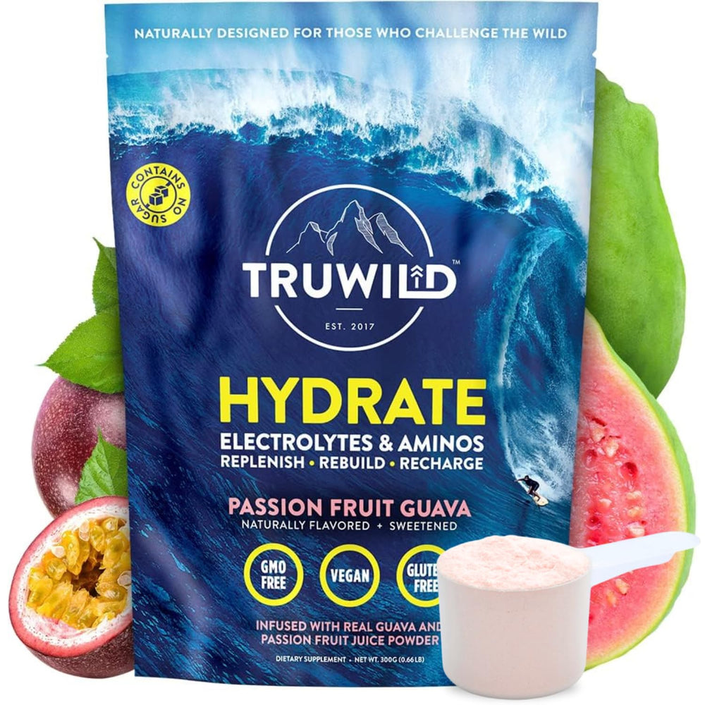 TruWild Hydration powder tub ready to mix for on-the-go hydration.