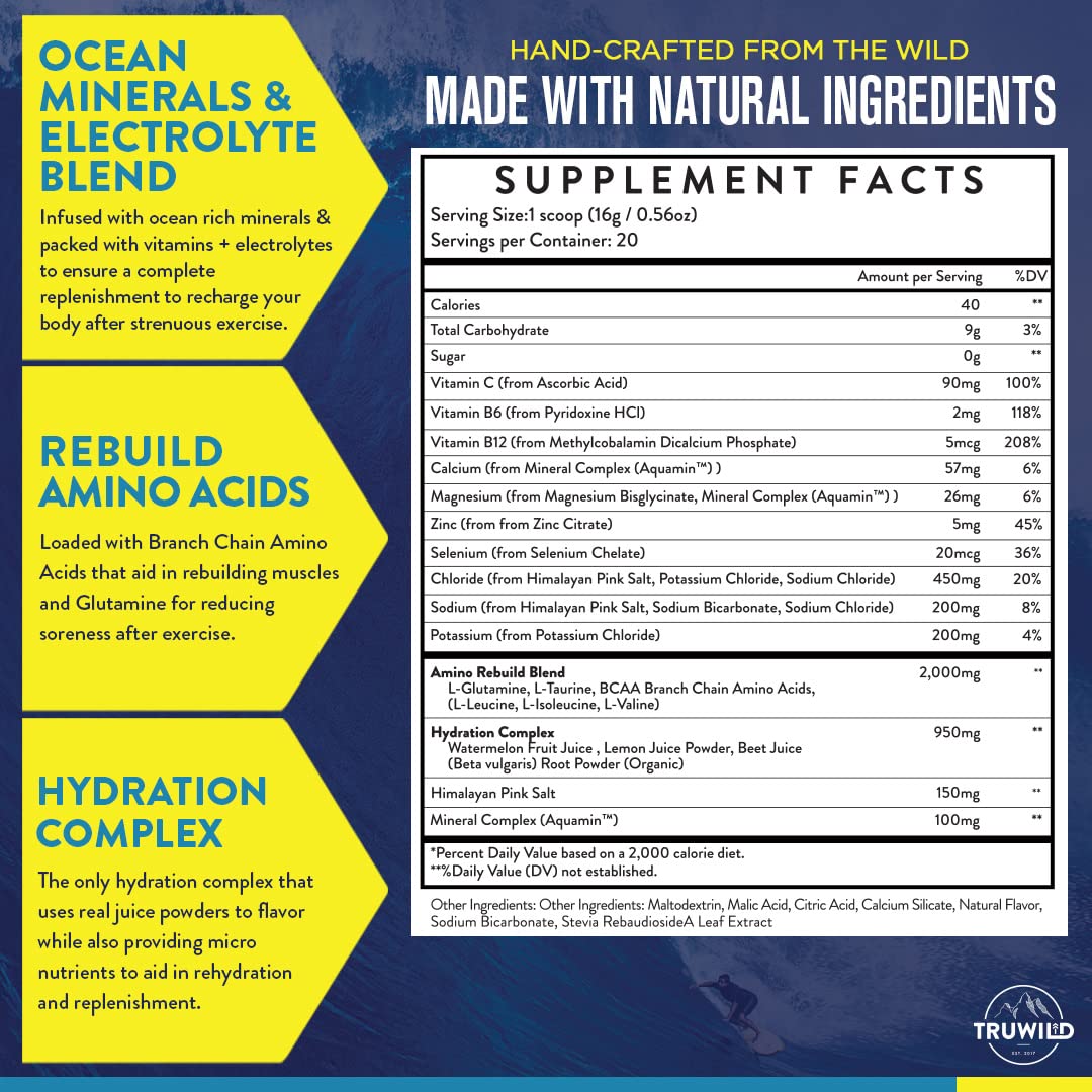 TruWild Hydration powder scoop beside water for easy mixing.