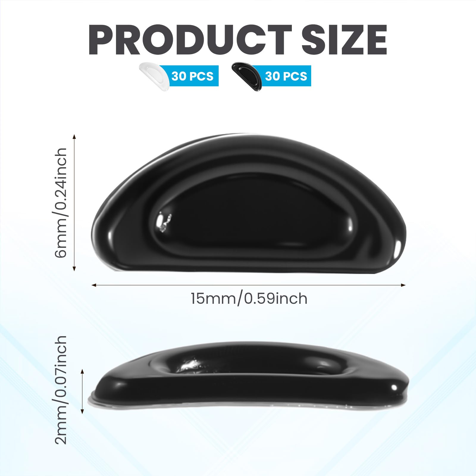 Soft adhesive silicone nose pads attached to glasses frame