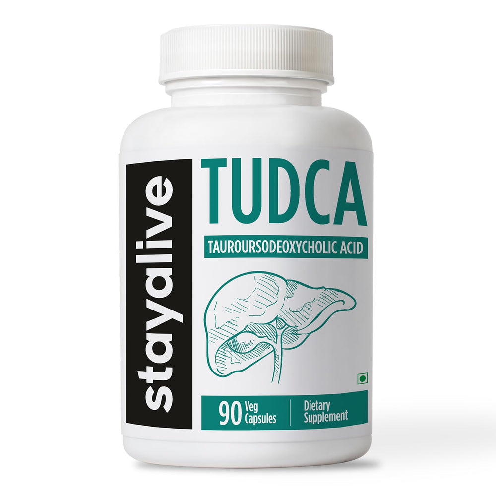 STAY ALIVE TUDCA 500mg bottle and capsules