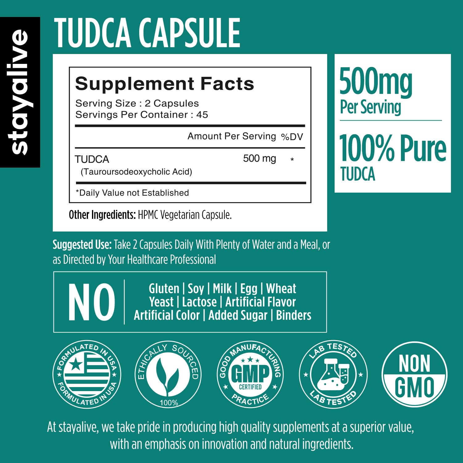 Close-up of TUDCA 500mg capsules