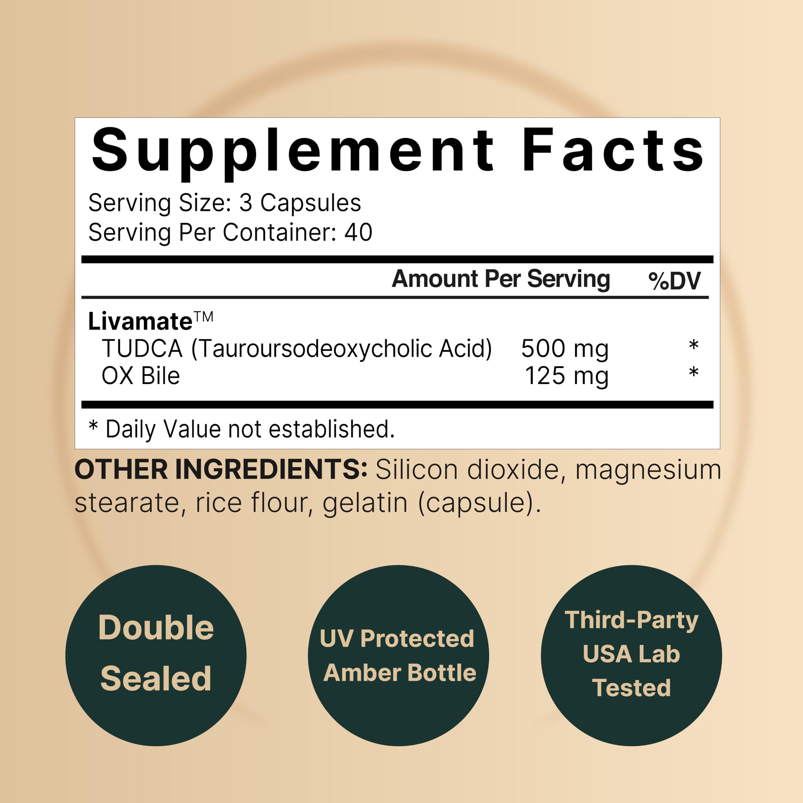 Product label showing 500mg TUDCA and 125mg OX Bile per serving
