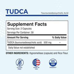 Close-up of 500mg per serving label on TUDCA bottle