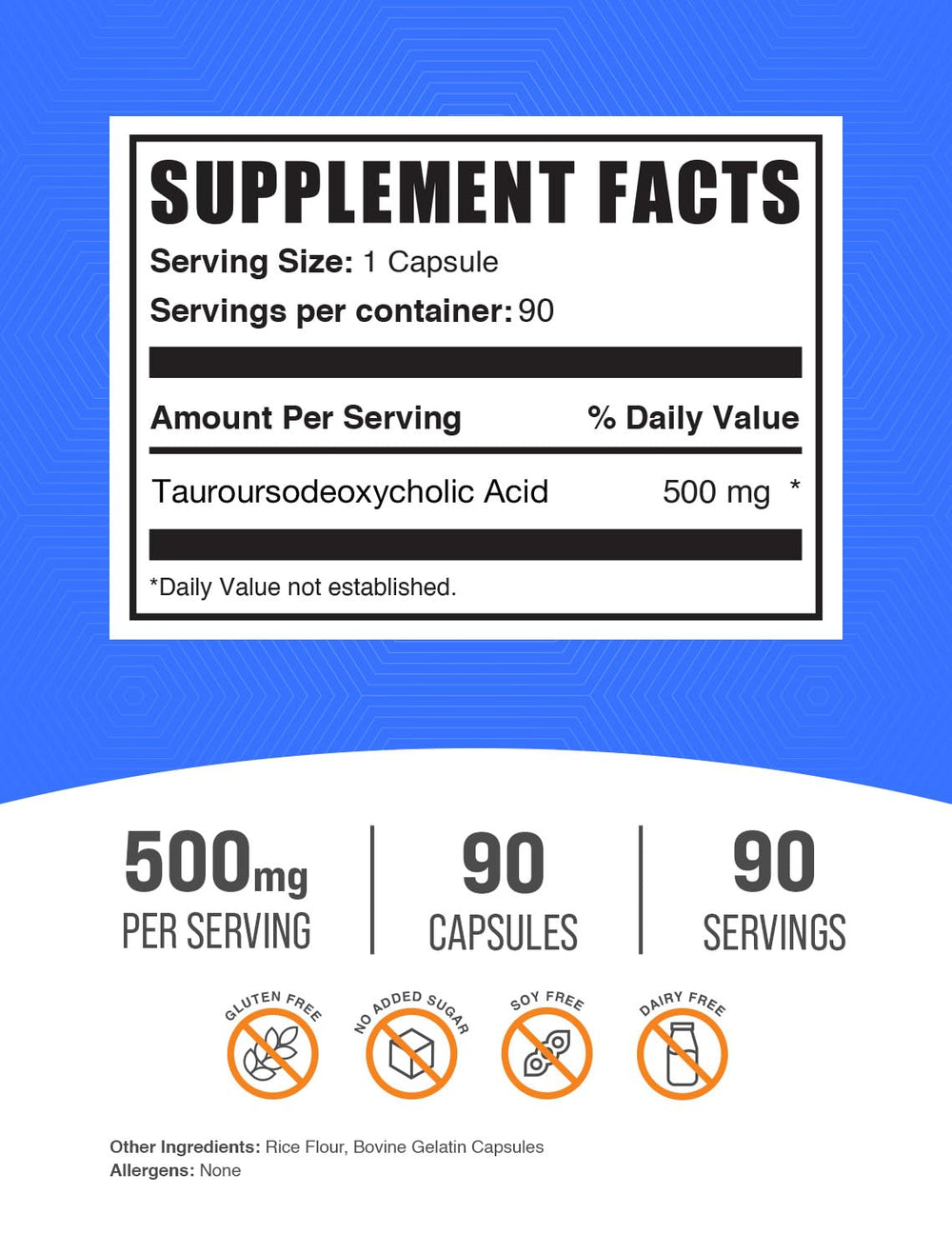 TUDCA capsules bottle label showing 500mg per capsule