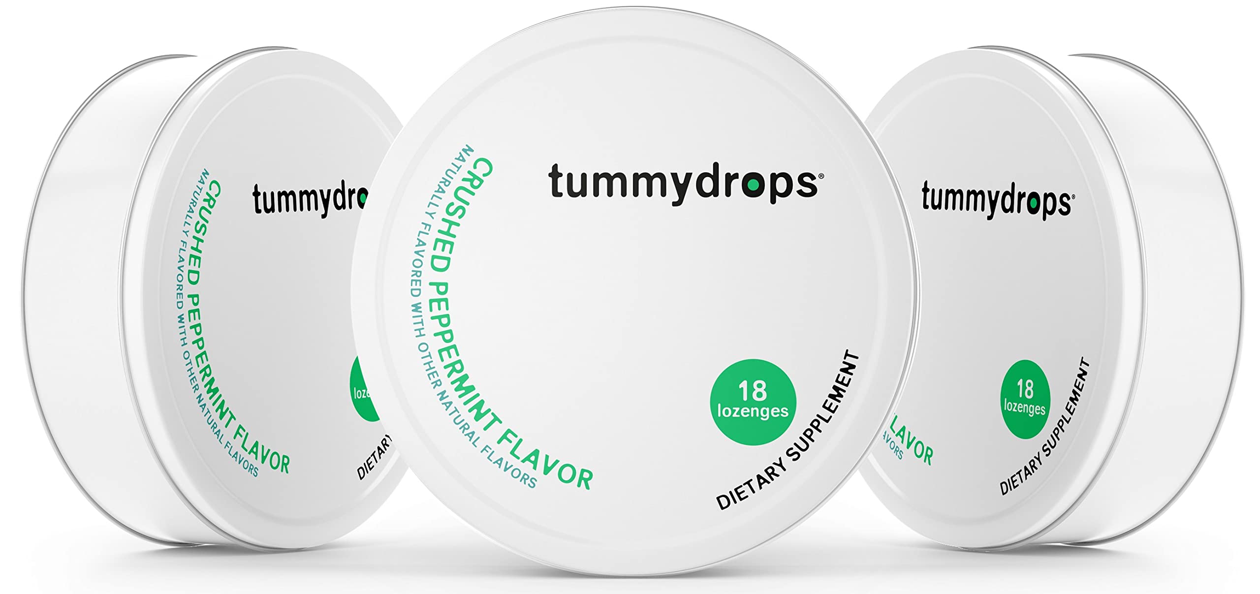 Tummy Drops Fresh Crushed Peppermint pack of three tins for daily use.