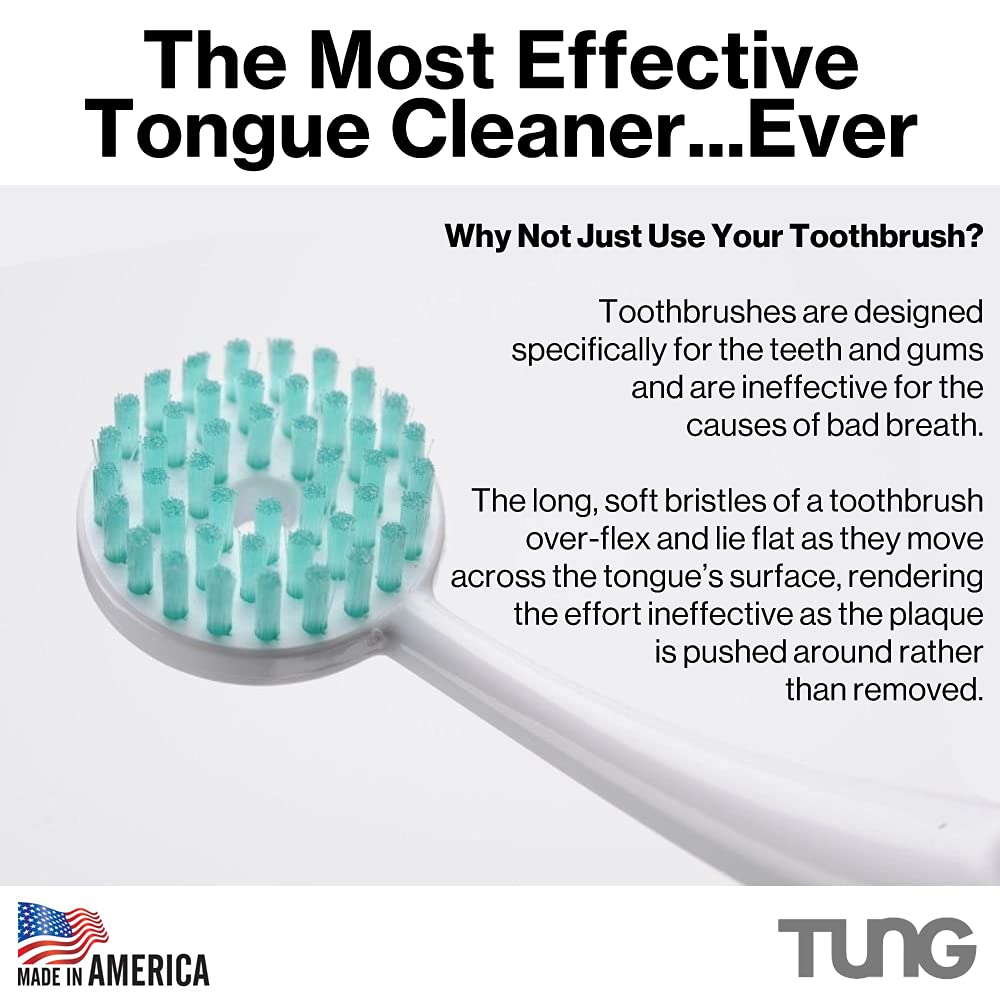 Close-up of Tung Brush designed to reach the back of the tongue