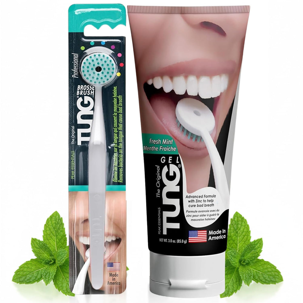 Front view of Tung Tongue Cleaning Kit with brush and gel
