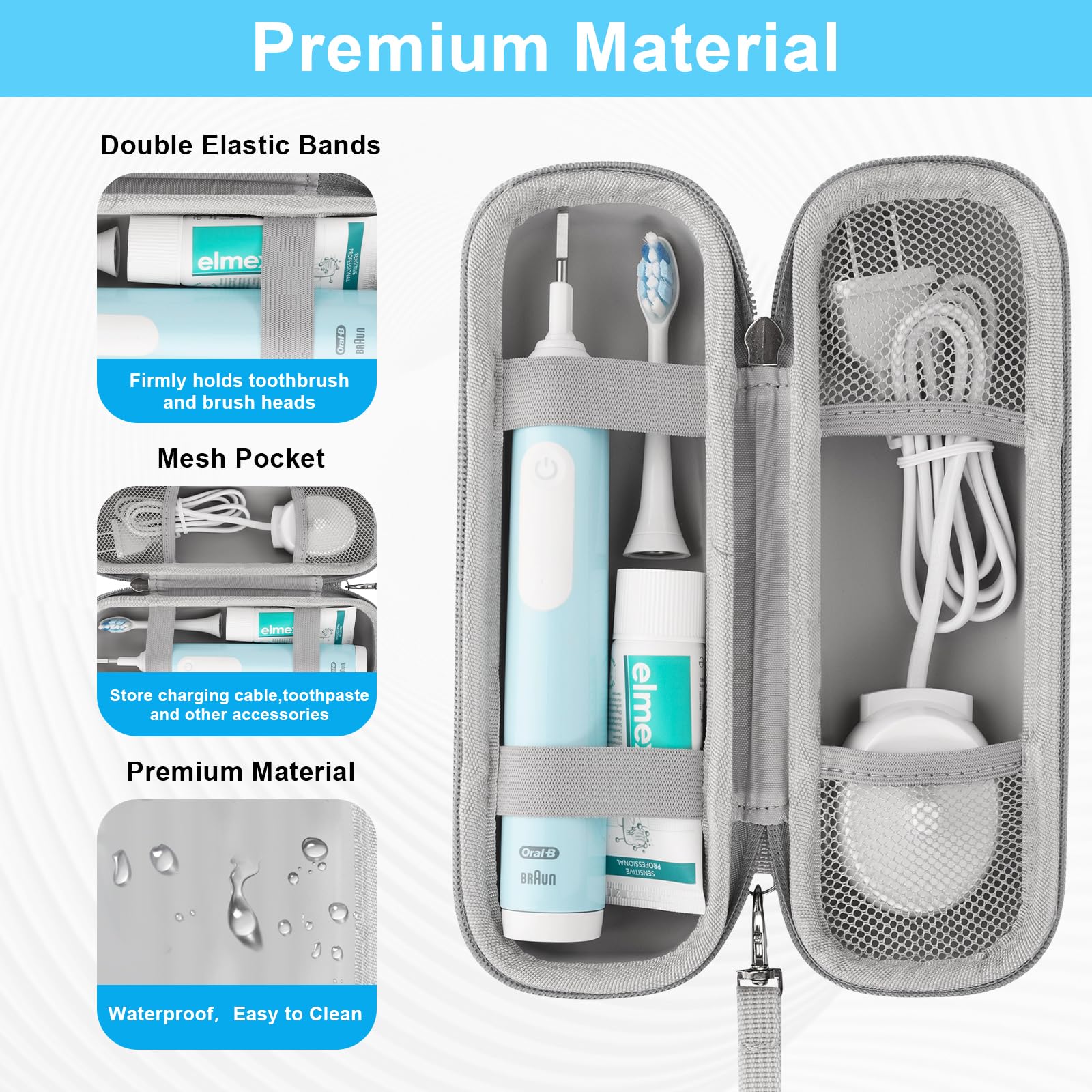 Main compartment with elastic straps securing toothbrush