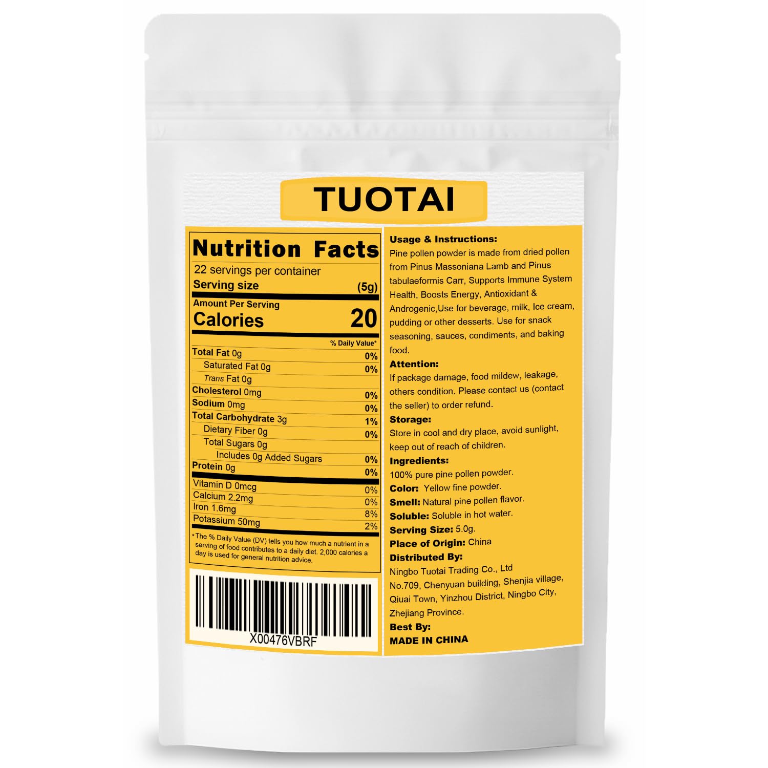 Vegan, GMO-free pine pollen powder label