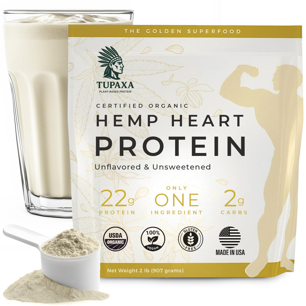 TUPAXA hemp protein powder bottle shows clean plant-based nutrition for vegan meals.
