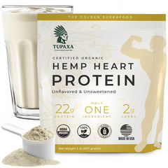 TUPAXA hemp protein powder bottle shows clean plant-based nutrition for vegan meals.