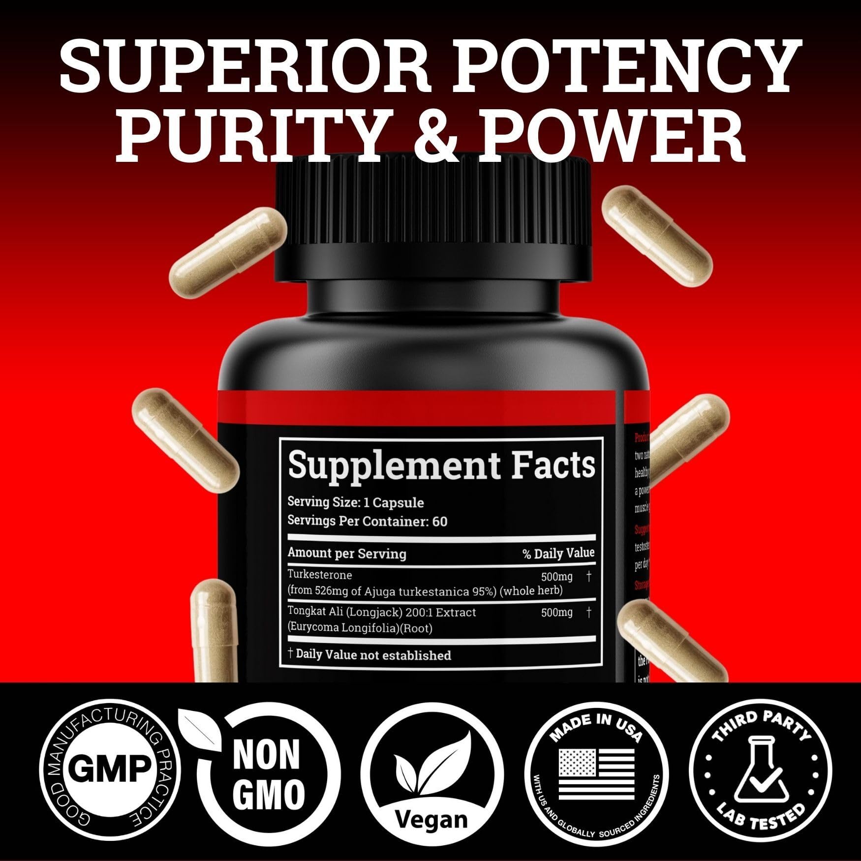 Product label highlighting Turkesterone 500mg with Tongkat Ali extract