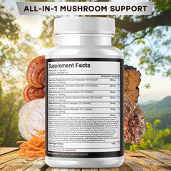 Bottle featuring Lions Mane, Turkey Tail, Reishi, Chaga, and Cordyceps mushrooms