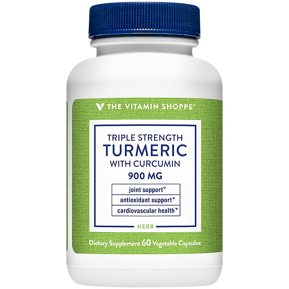 The Vitamin Shoppe Triple Strength Turmeric with Curcumin 900mg bottle front displaying 60 capsules.