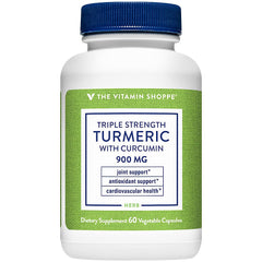The Vitamin Shoppe Triple Strength Turmeric with Curcumin 900mg bottle front displaying 60 capsules.