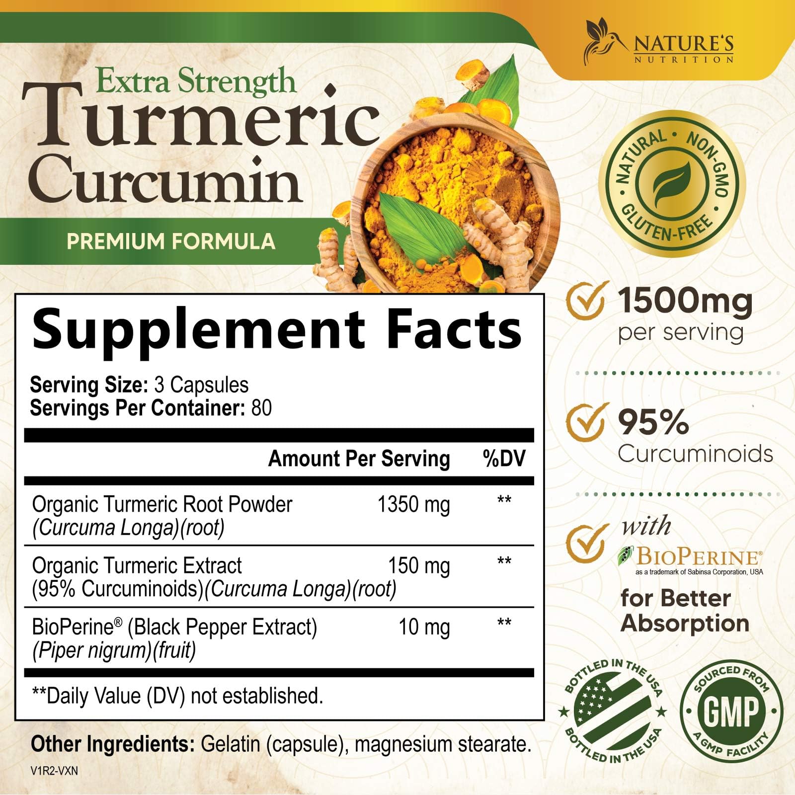 Side/front view of Turmeric Curcumin 1500mg bottle highlighting BioPerine
