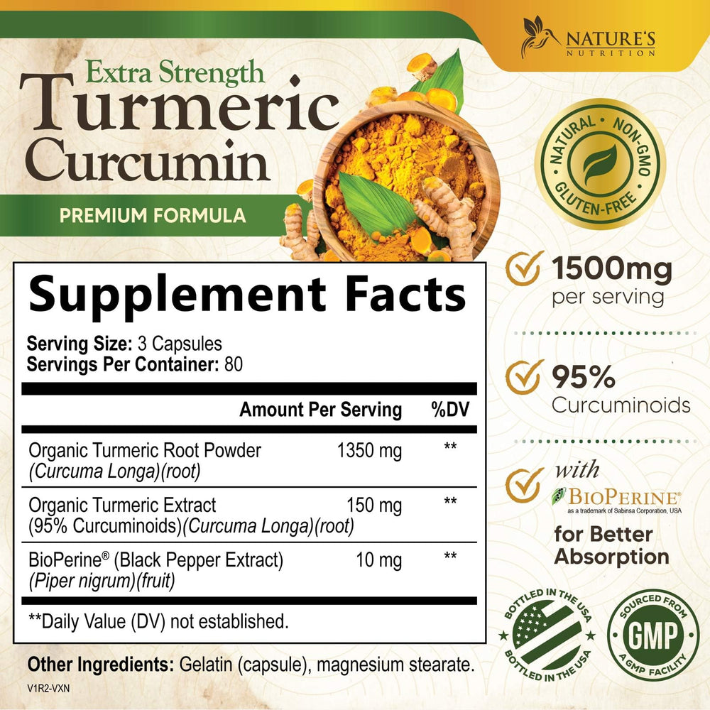 Side/front view of Turmeric Curcumin 1500mg bottle highlighting BioPerine
