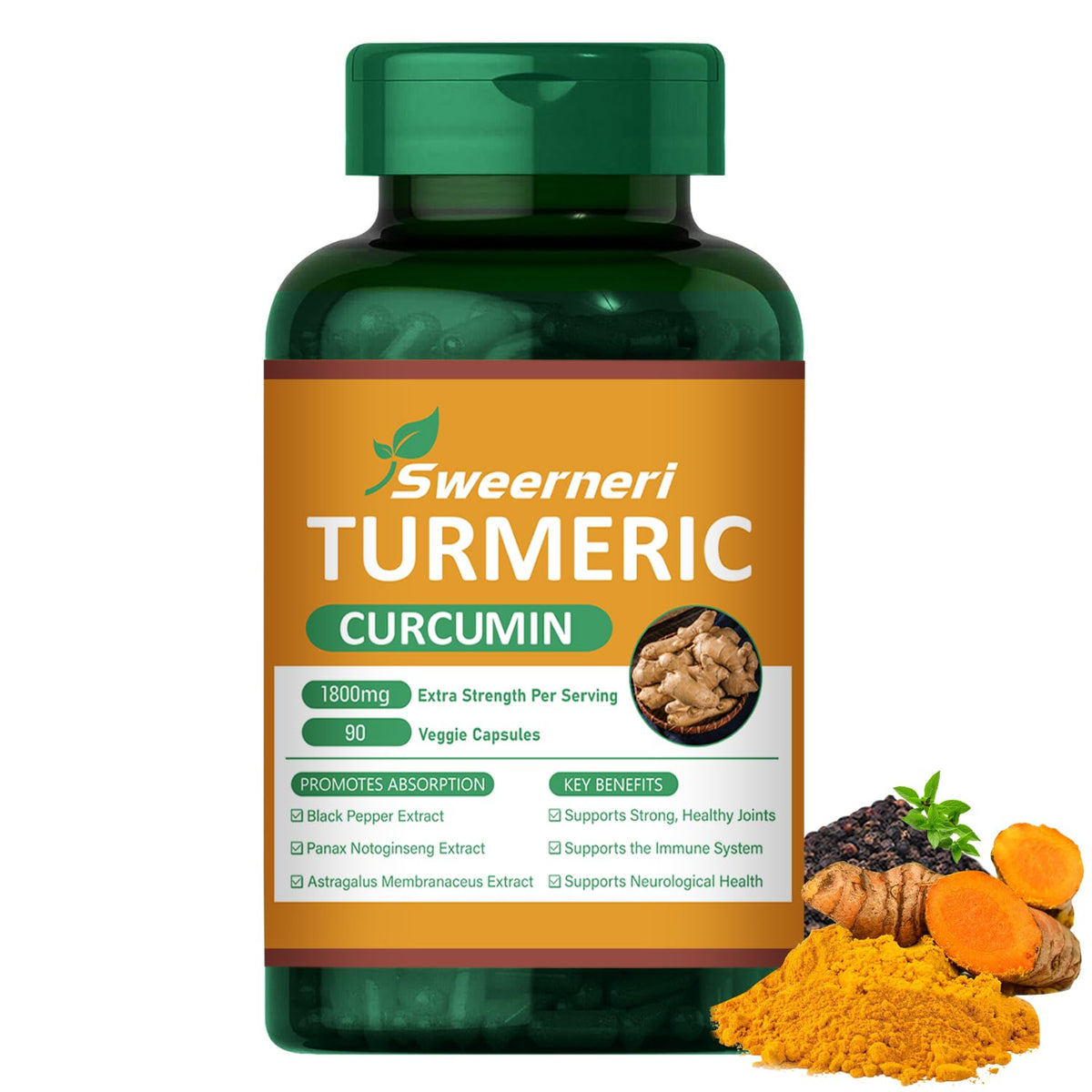 Turmeric Curcumin 1800mg with 95% curcuminoids and black pepper bottle