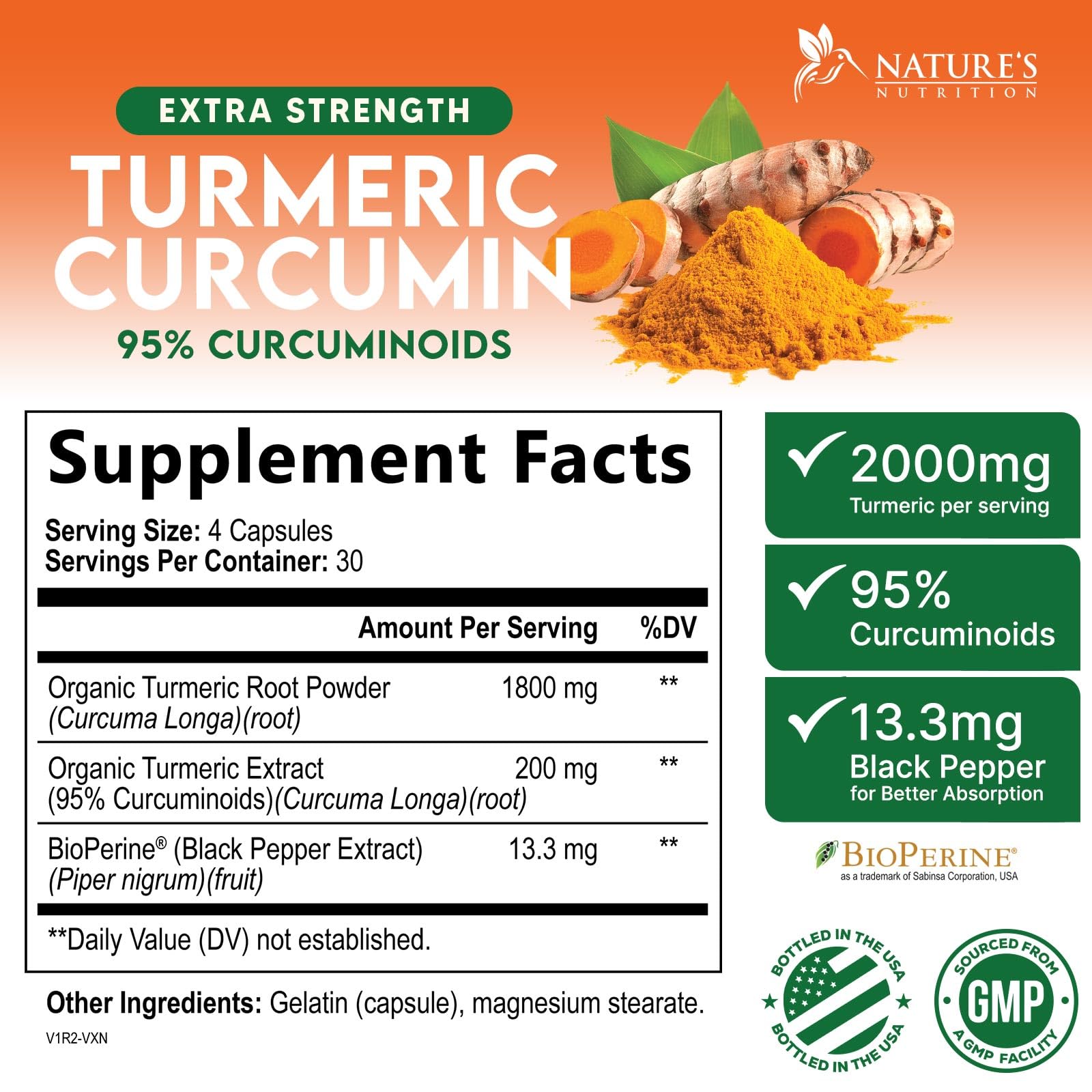 Turmeric Curcumin 2000mg bottle back and label