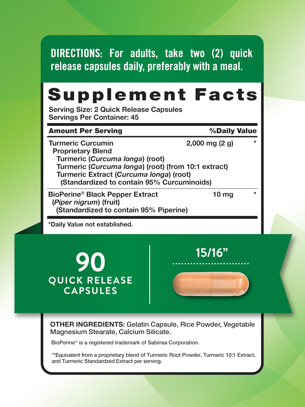 Label shows 95% standardized curcuminoids and Bioperine