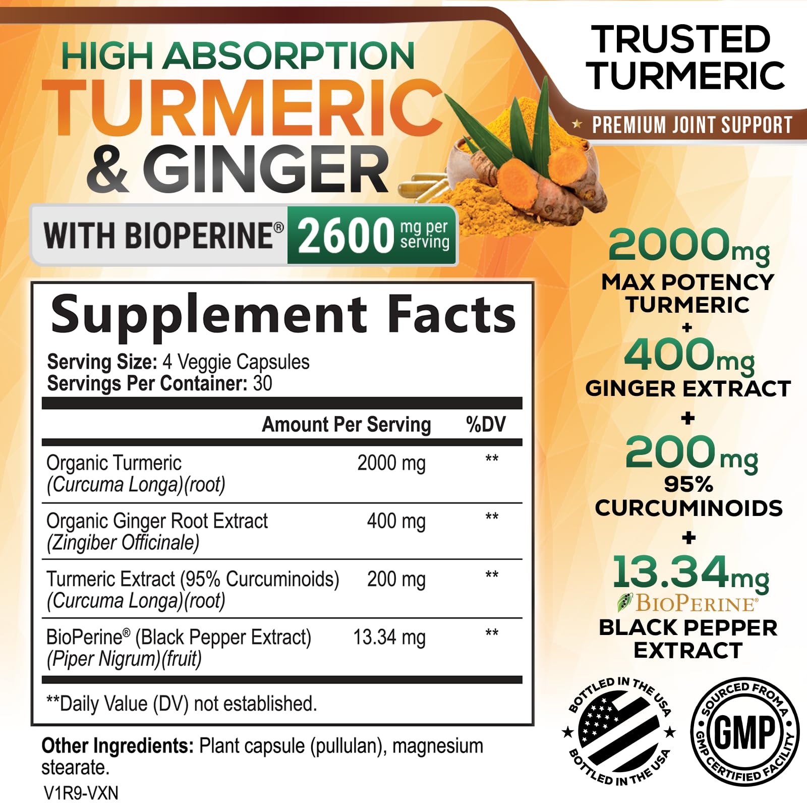 Close-up of Turmeric Curcumin 2600mg capsules with ginger and black pepper