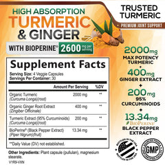 Close-up of Turmeric Curcumin 2600mg capsules with ginger and black pepper