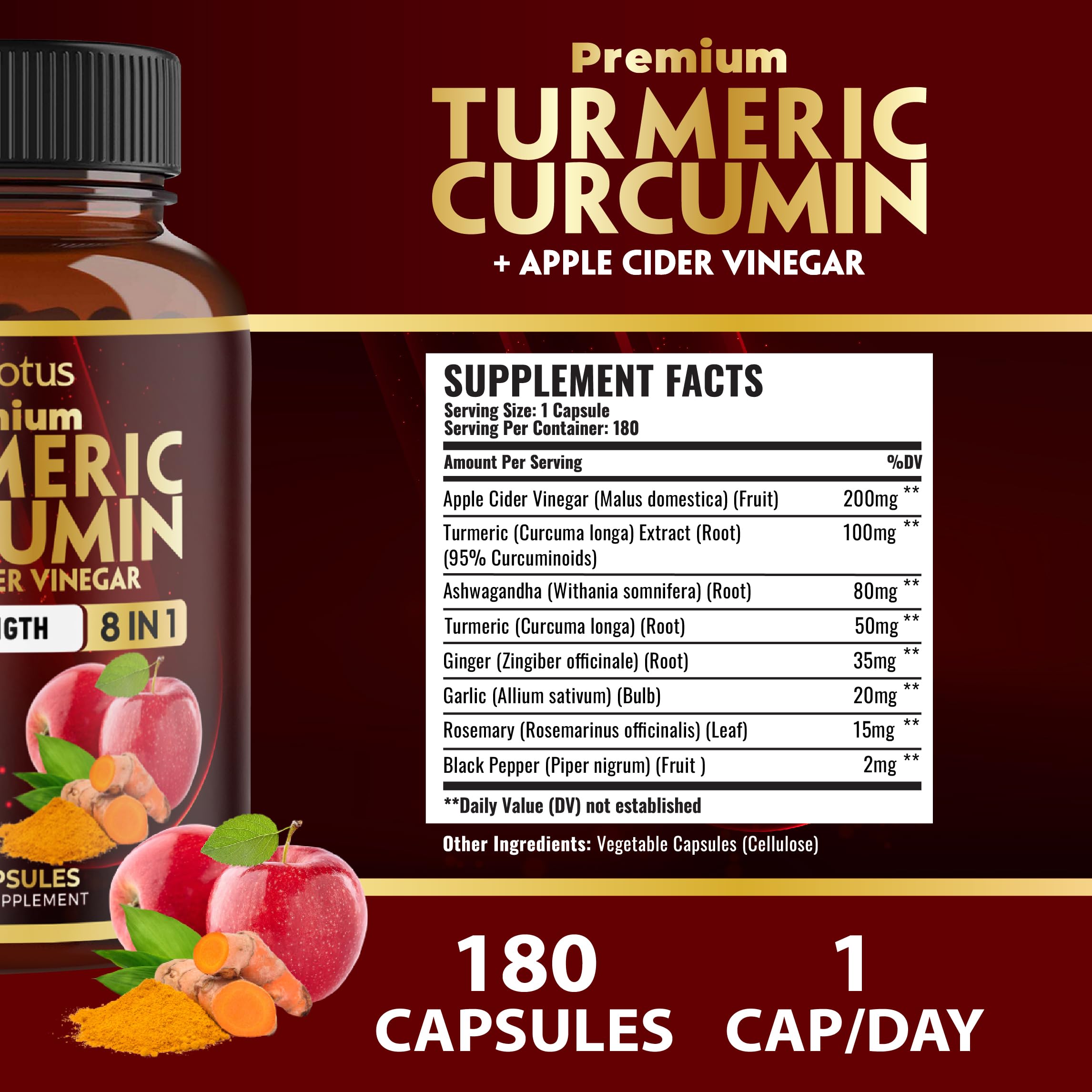Capsules blending turmeric curcumin with ashwagandha, ginger, garlic, rosemary and black pepper