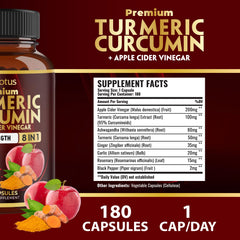 Capsules blending turmeric curcumin with ashwagandha, ginger, garlic, rosemary and black pepper