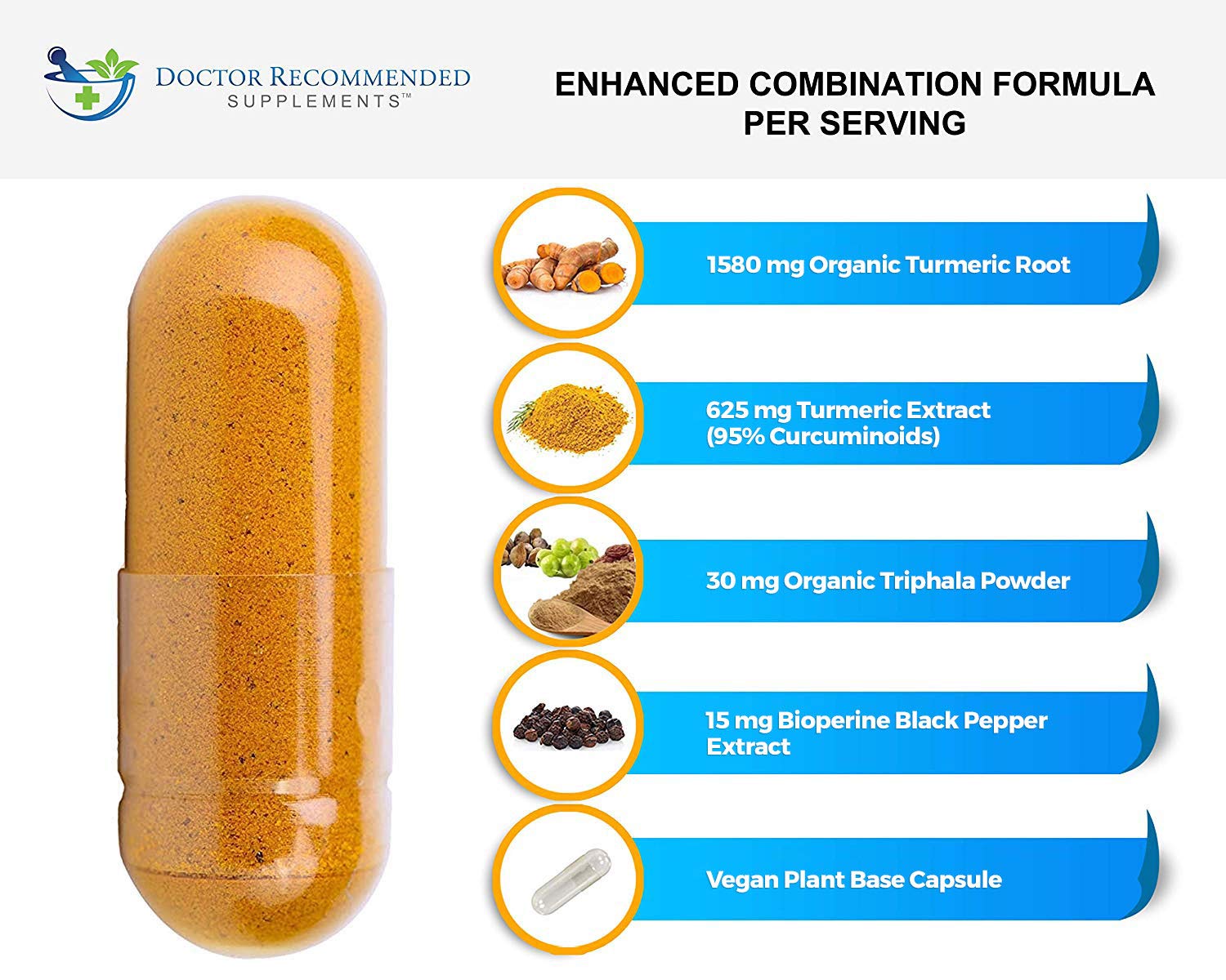 Close-up of 360 vegan capsules for Turmeric Curcumin with Bioperine