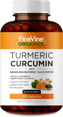 Turmeric Curcumin with BioPerine and Ginger bottle label – Made in USA – 120 vegetarian capsules