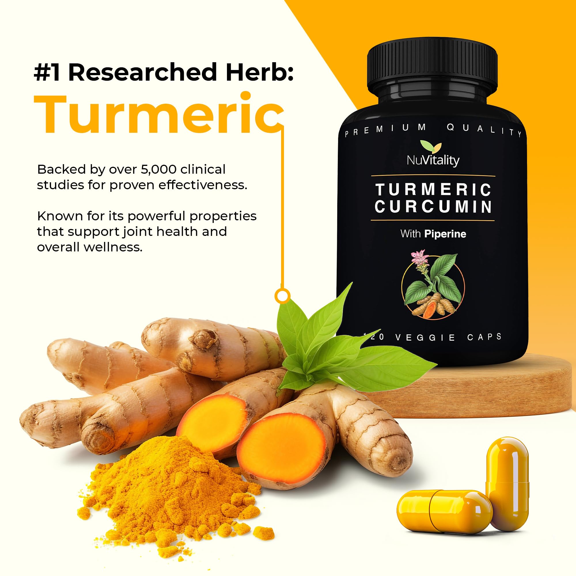 Close-up of veggie turmeric capsules