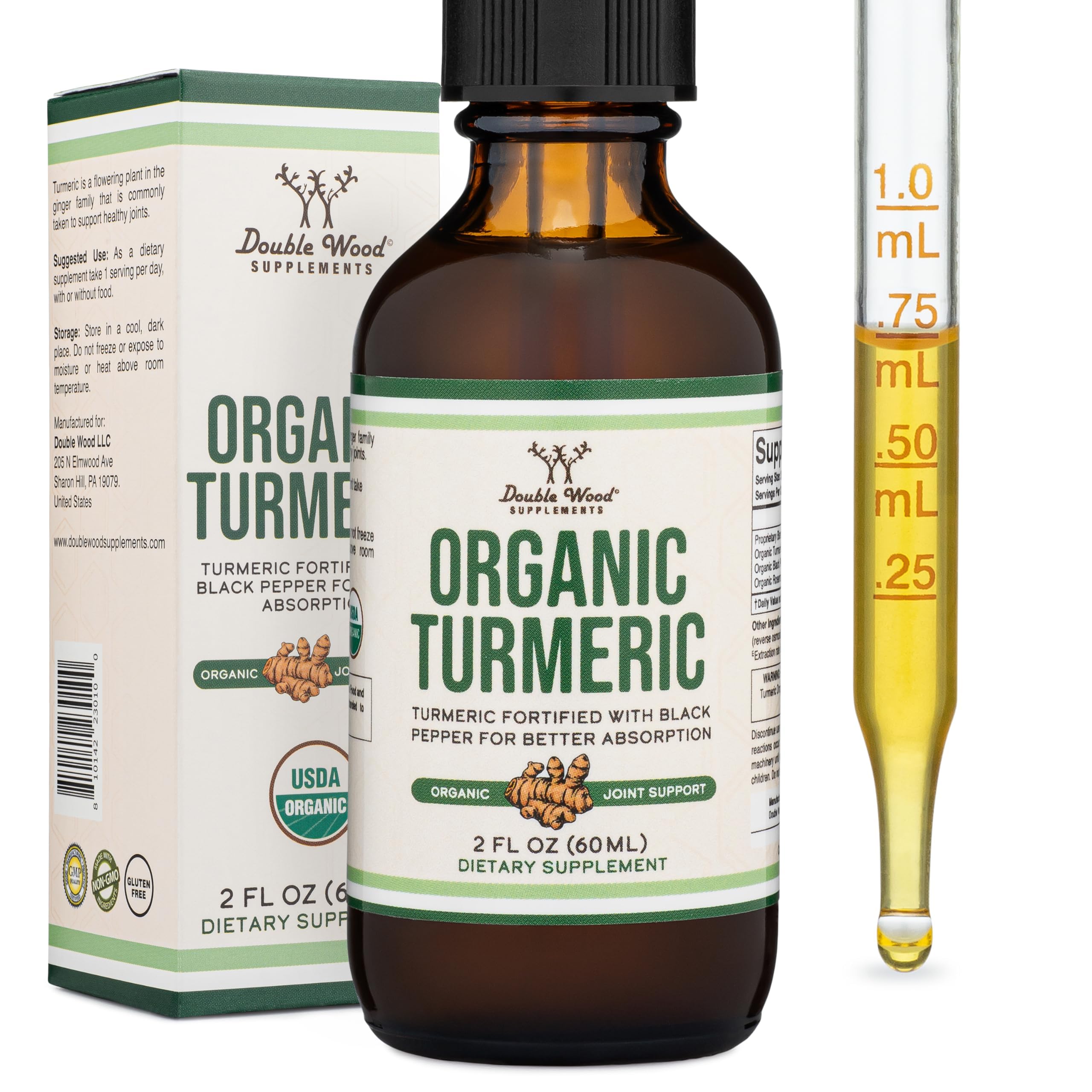 Front view of Double Wood Turmeric Curcumin Drops bottle