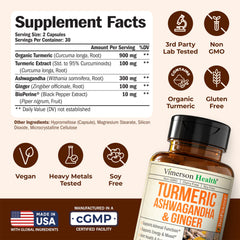 Label showing ingredients: organic turmeric, ginger, ashwagandha and black pepper