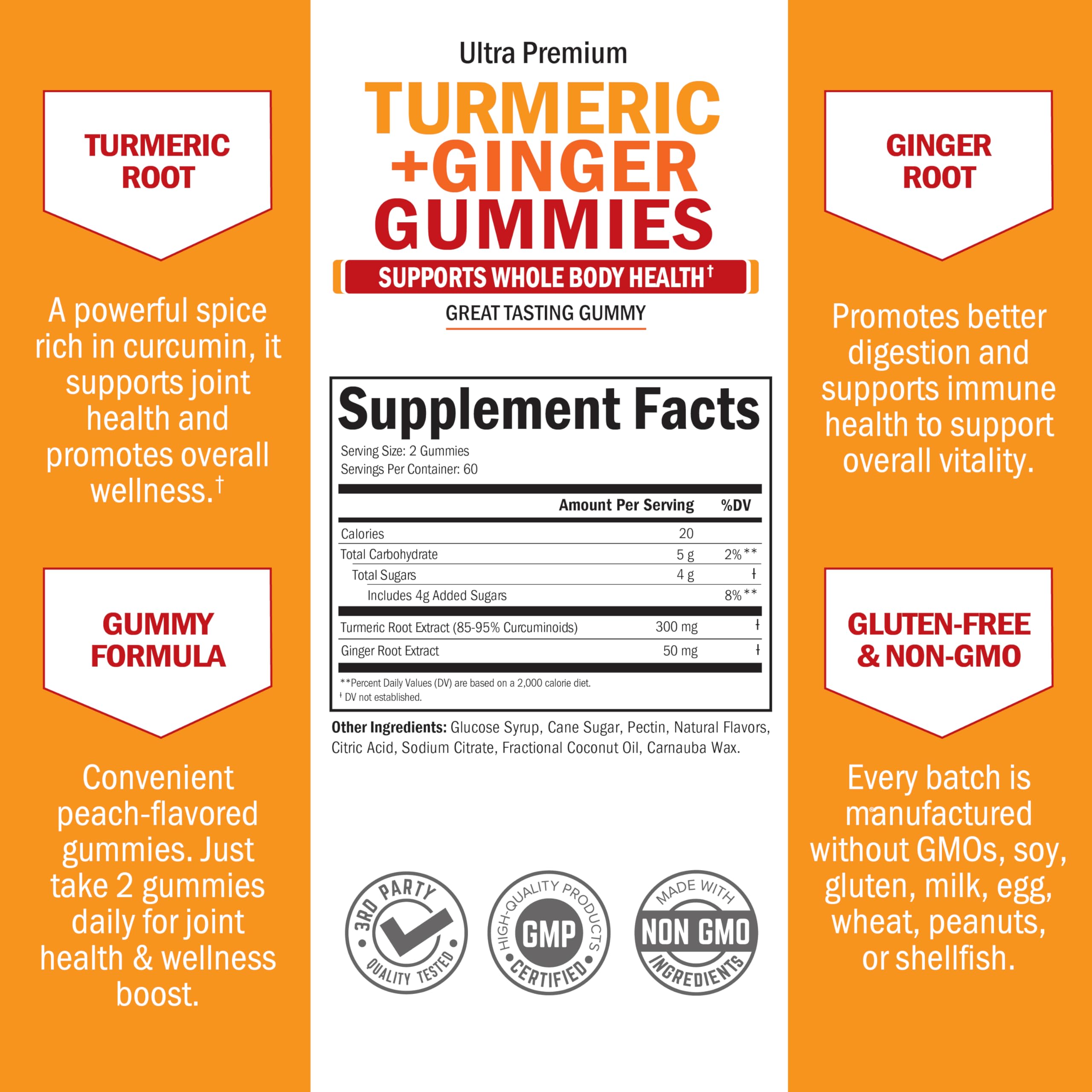 Bottle of turmeric curcumin ginger gummies on white background