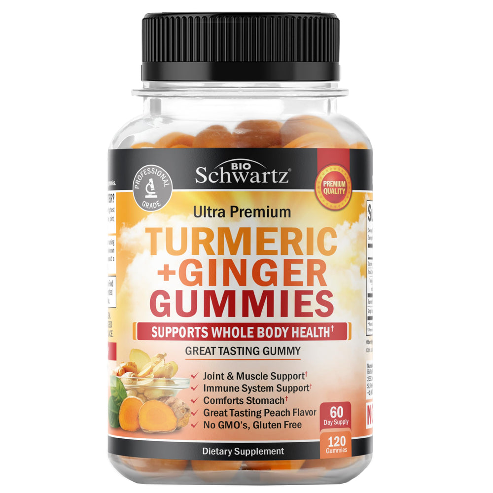 Bottle of Turmeric Curcumin with Ginger Gummies peach flavor - front view