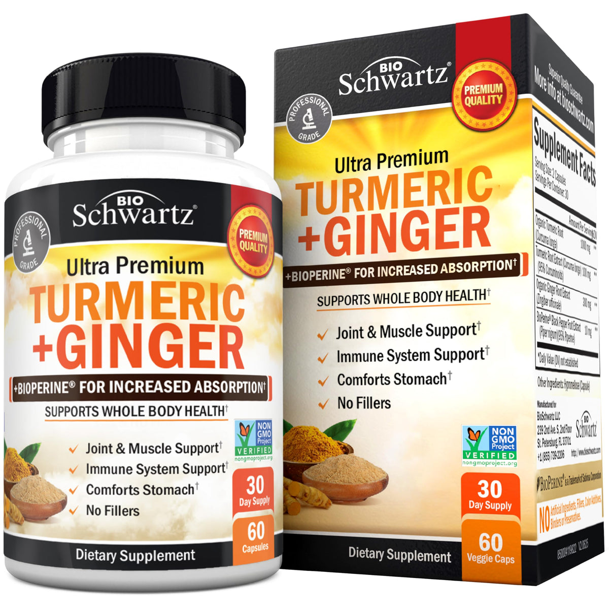 Bottle of Turmeric Curcumin and Ginger Supplement with 60 capsules