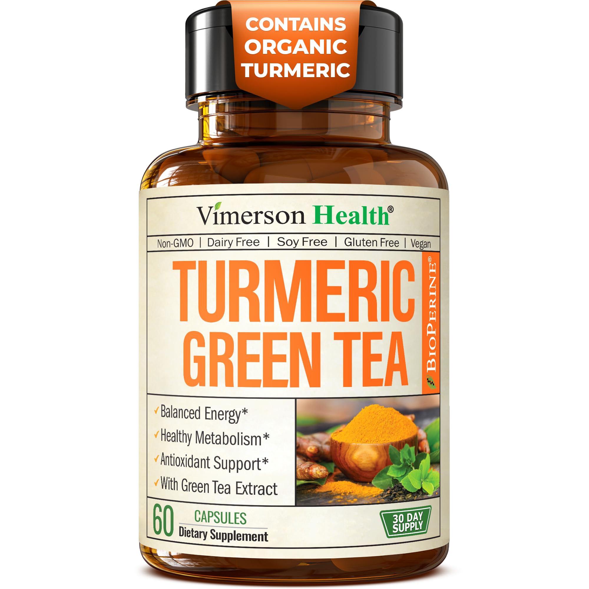 Bottle of Turmeric Curcumin with Green Tea Extract and Vitamin C for joint health