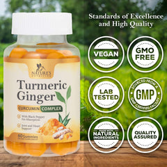 Close-up of turmeric curcumin gummies showing 95% curcuminoids