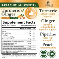 Front view of peach-flavored turmeric curcumin gummies container