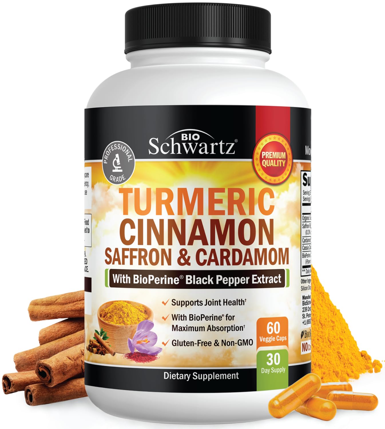 Bottle of Turmeric Curcumin with Saffron Cinnamon Cardamom and BioPerine, 60 capsules