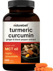 Bottle showing 3,000 mg equivalent turmeric curcumin with 95% curcuminoids, ginger, and black pepper