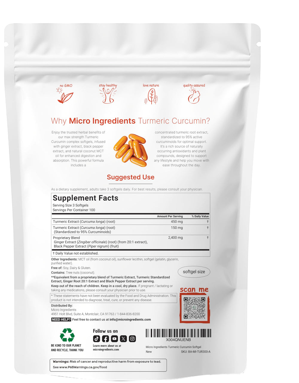 Back label of Turmeric Curcumin supplement bottle