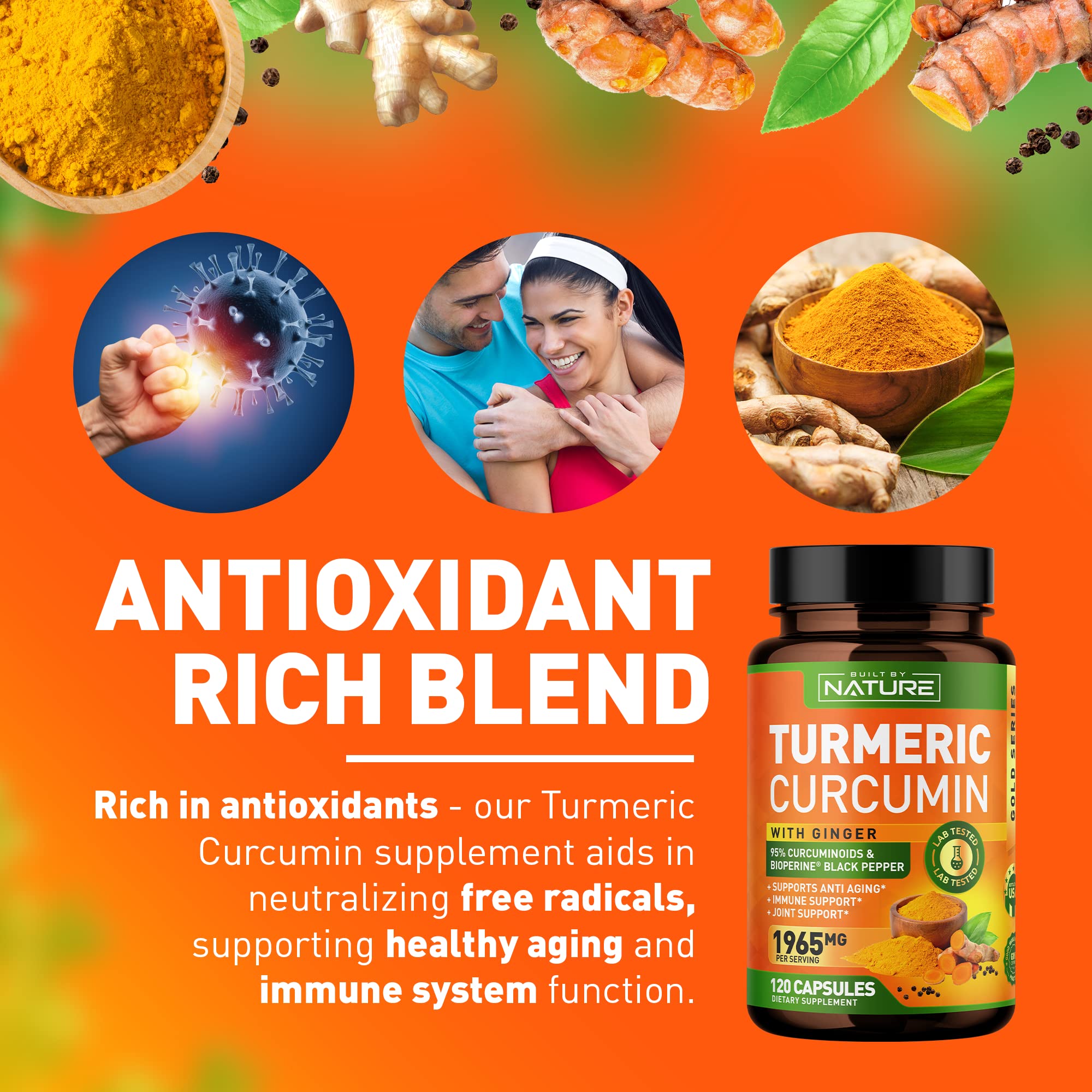 Product packaging showing turmeric curcumin formula