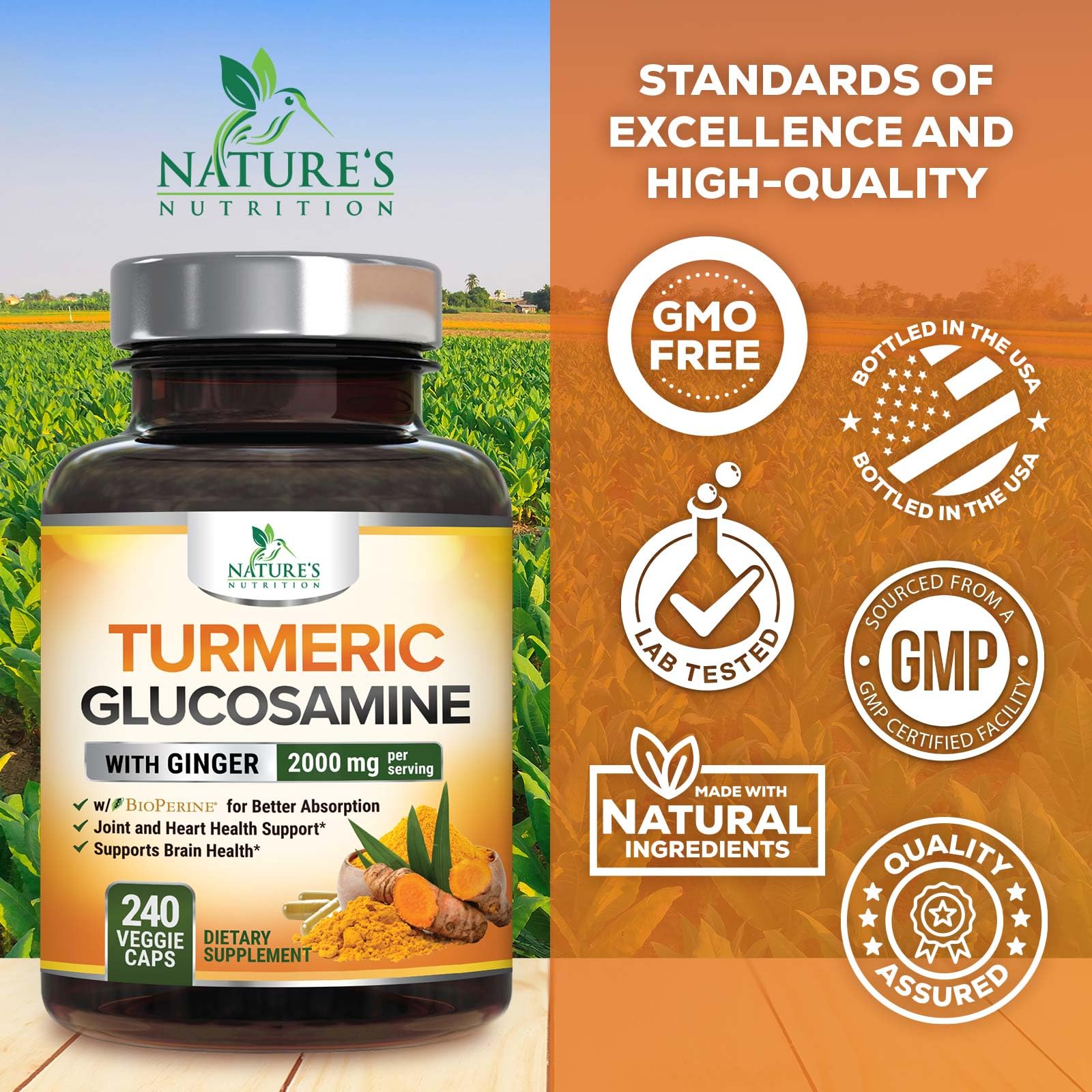 Bottle of turmeric curcumin supplement bottled in the USA in a GMP-certified facility